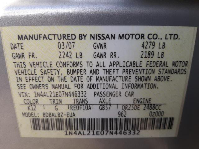 Photo 10 from auction – 2007 NISSAN ALTIMA 2.5 with VIN 1N4AL21E07N446332