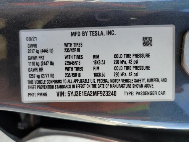 Photo 10 from auction – 2021 TESLA MODEL 3 with VIN 5YJ3E1EA2MF923240