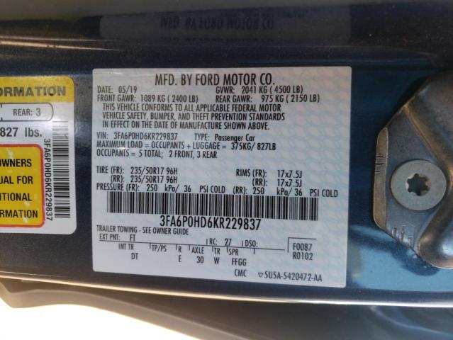 Photo 10 from auction – 2019 FORD FUSION SE with VIN 3FA6P0HD6KR229837