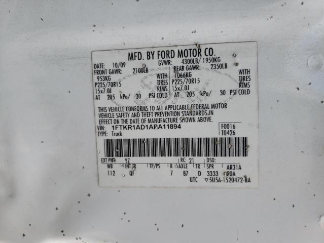 Photo 10 from auction – 2010 FORD RANGER with VIN 1FTKR1AD1APA11894