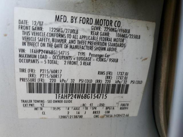 Photo 10 from auction – 2008 FORD TAURUS SEL with VIN 1FAHP24W68G154715