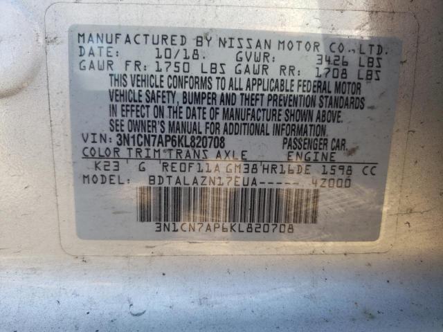 Photo 10 from auction – 2019 NISSAN VERSA S with VIN 3N1CN7AP6KL820708
