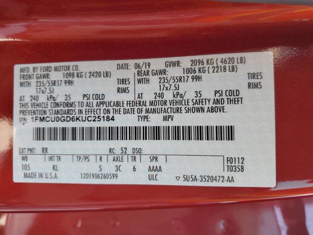 Photo 10 from auction – 2019 FORD ESCAPE SE with VIN 1FMCU0GD6KUC25184