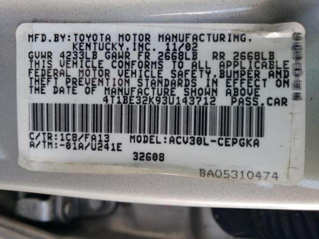 Photo 10 from auction – 2003 TOYOTA CAMRY LE with VIN 4T1BE32K93U143712