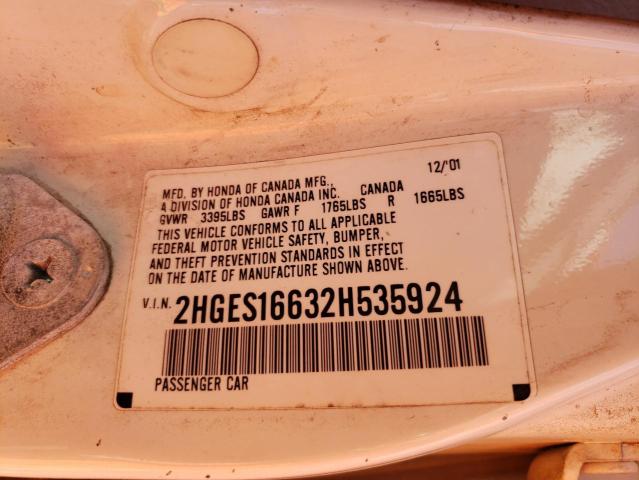 Photo 10 from auction – 2002 HONDA CIVIC LX with VIN 2HGES16632H535924