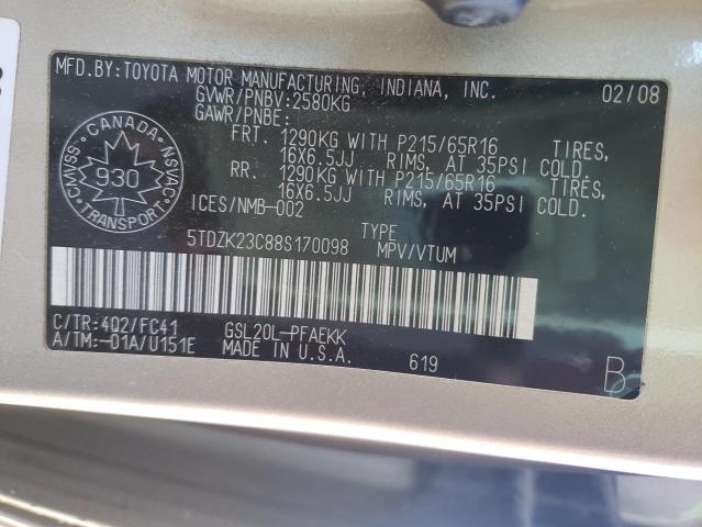 Photo 10 from auction – 2008 TOYOTA SIENNA CE with VIN 5TDZK23C88S170098