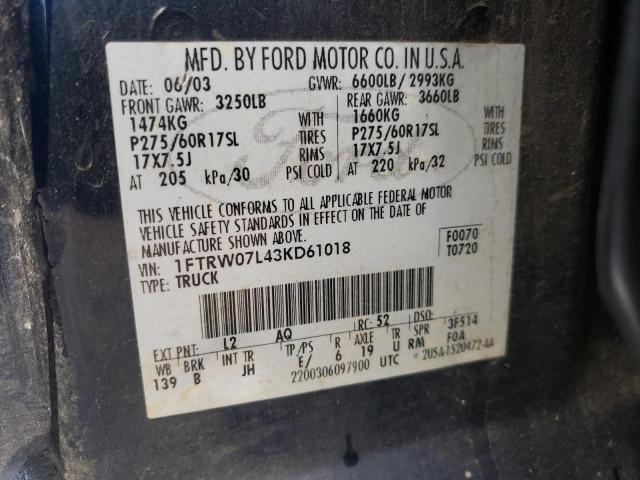 Photo 10 from auction – 2003 FORD F150 SUPER with VIN 1FTRW07L43KD61018