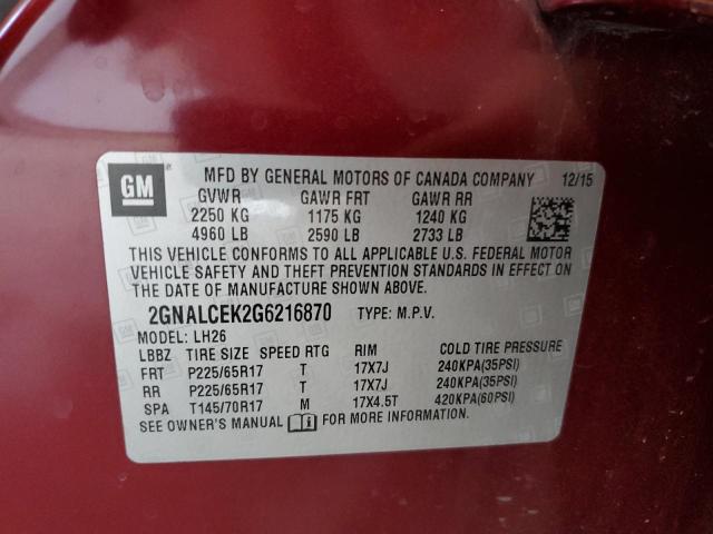 Photo 10 from auction – 2016 CHEVROLET EQUINOX LT with VIN 2GNALCEK2G6216870