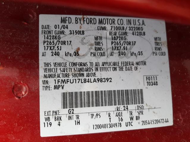 Photo 10 from auction – 2004 FORD EXPEDITION with VIN 1FMFU17L84LA98392