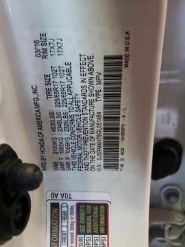 Photo 10 from auction – 2016 HONDA CR-V EXL with VIN 5J6RM4H75GL051484