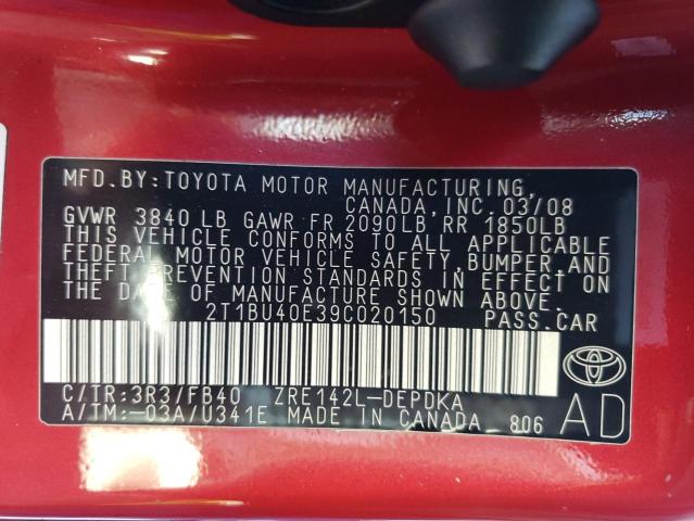 Photo 10 from auction – 2009 TOYOTA COROLLA BA with VIN 2T1BU40E39C020150