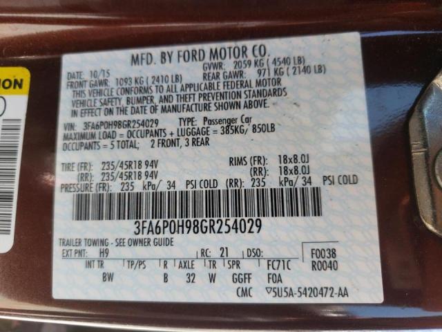 Photo 10 from auction – 2016 FORD FUSION SE with VIN 3FA6P0H98GR254029