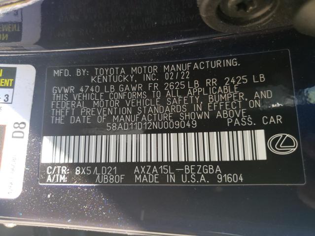 Photo 10 from auction – 2022 LEXUS ES 250 BAS with VIN 58AD11D12NU009049