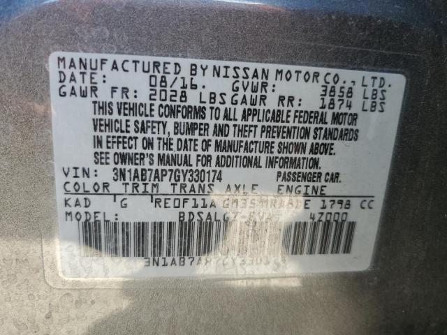 Photo 10 from auction – 2016 NISSAN SENTRA S with VIN 3N1AB7AP7GY330174