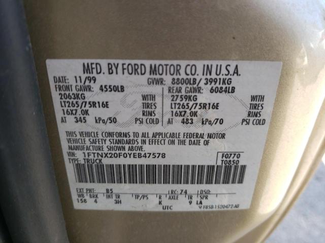 Photo 10 from auction – 2000 FORD F250 SUPER with VIN 1FTNX20F0YEB47578