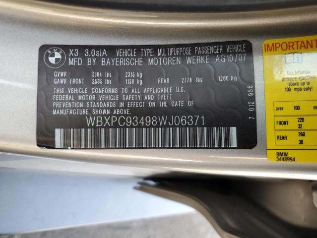Photo 10 from auction – 2008 BMW X3 3.0SI with VIN WBXPC93498WJ06371