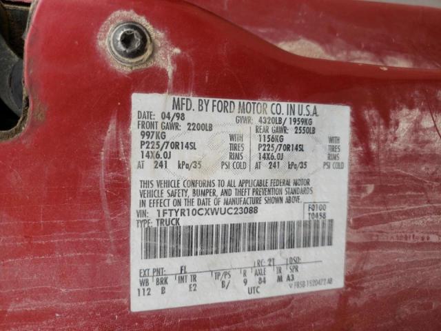 Photo 10 from auction – 1998 FORD RANGER with VIN 1FTYR10CXWUC23088