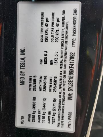 Photo 10 from auction – 2019 TESLA MODEL 3 with VIN 5YJ3E1EB9KF417992
