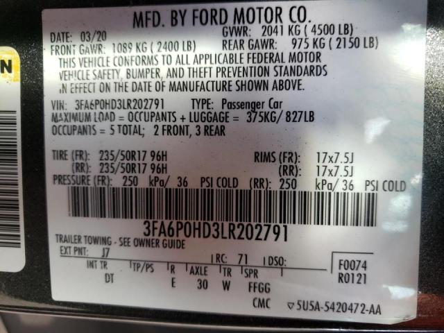 Photo 10 from auction – 2020 FORD FUSION SE with VIN 3FA6P0HD3LR202791