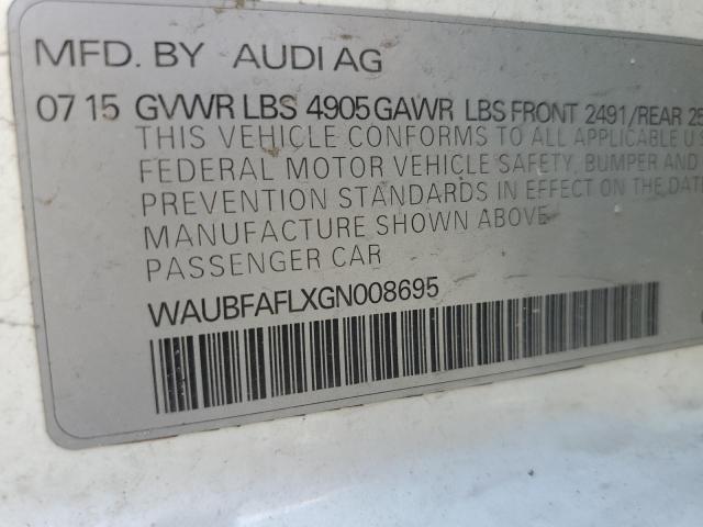 Photo 10 from auction – 2016 AUDI A4 PREMIUM with VIN WAUBFAFLXGN008695