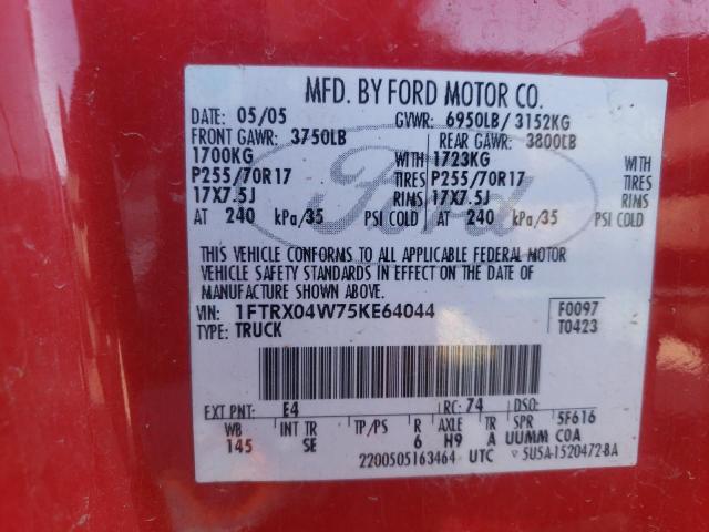 Photo 10 from auction – 2005 FORD F150 with VIN 1FTRX04W75KE64044