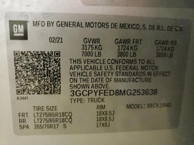 Photo 10 from auction – 2021 CHEVROLET SILVERADO with VIN 3GCPYFED8MG253638