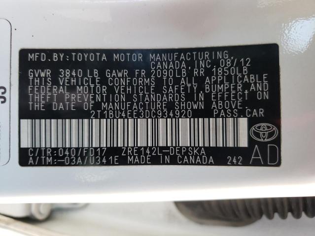Photo 10 from auction – 2013 TOYOTA COROLLA BA with VIN 2T1BU4EE3DC934920