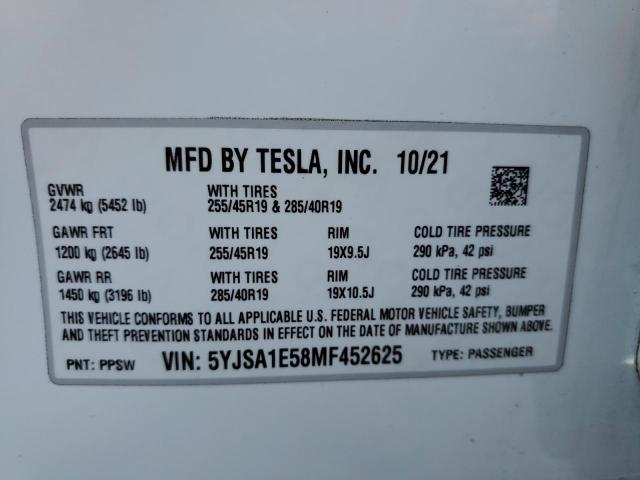 Photo 10 from auction – 2021 TESLA MODEL S with VIN 5YJSA1E58MF452625