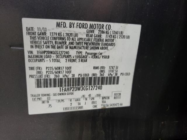 Photo 10 from auction – 2012 FORD TAURUS SE with VIN 1FAHP2DW3CG127240