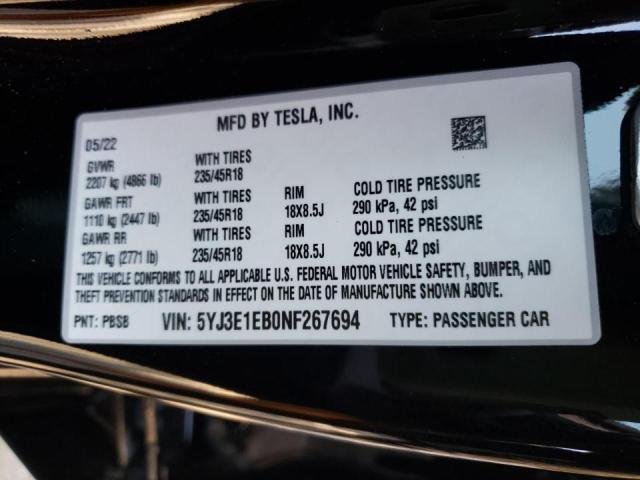 Photo 10 from auction – 2022 TESLA MODEL 3 with VIN 5YJ3E1EB0NF267694