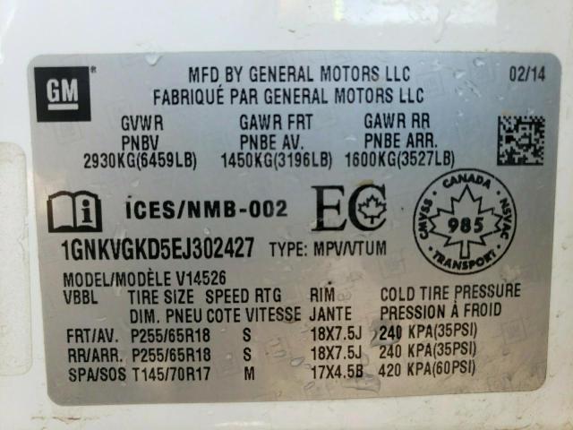 Photo 10 from auction – 2014 CHEVROLET TRAVERSE L with VIN 1GNKVGKD5EJ302427