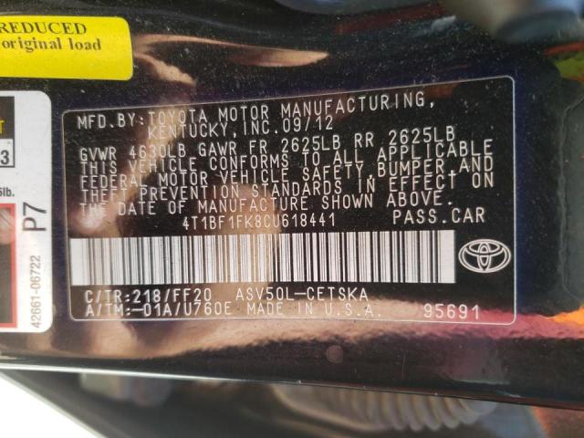 Photo 10 from auction – 2012 TOYOTA CAMRY BASE with VIN 4T1BF1FK8CU618441