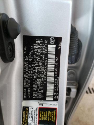 Photo 10 from auction – 2012 TOYOTA CAMRY BASE with VIN 4T4BF1FK0CR270138