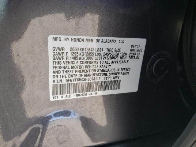 Photo 10 from auction – 2017 HONDA PILOT ELIT with VIN 5FNYF6H03HB073112