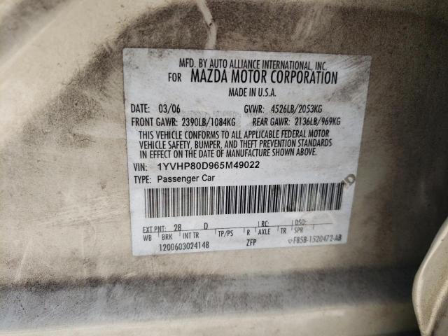 Photo 10 from auction – 2006 MAZDA MAZDA 6 with VIN 1YVHP80D965M49022