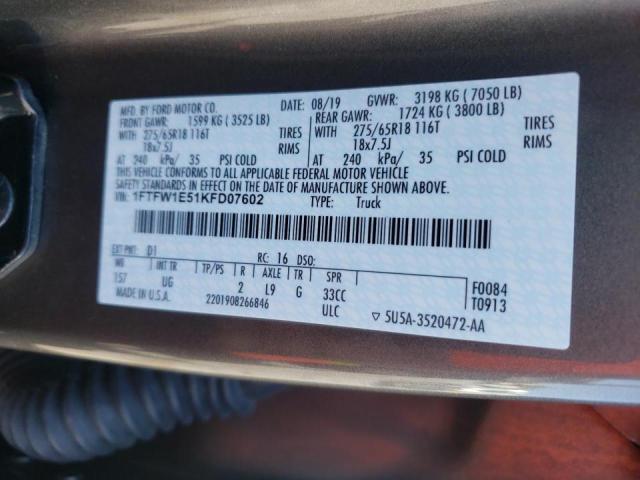 Photo 10 from auction – 2019 FORD F150 SUPER with VIN 1FTFW1E51KFD07602