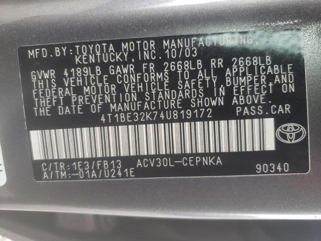 Photo 10 from auction – 2004 TOYOTA CAMRY LE with VIN 4T1BE32K74U819172