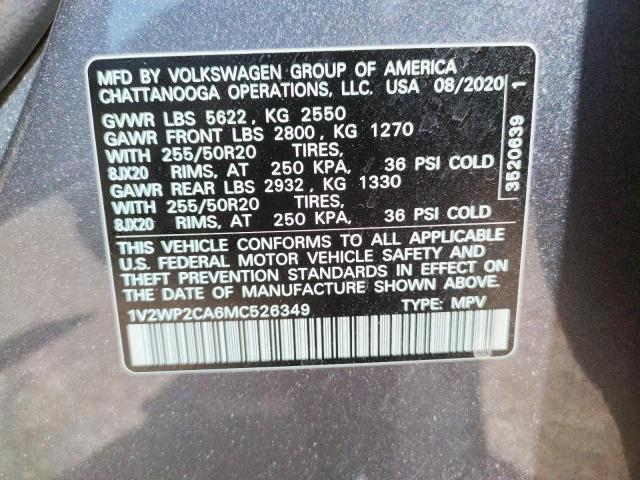 Photo 10 from auction – 2021 VOLKSWAGEN ATLAS SE with VIN 1V2WP2CA6MC526349