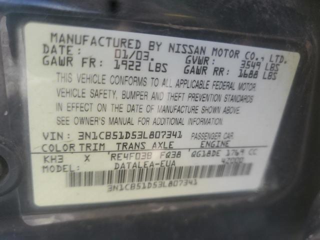 Photo 10 from auction – 2003 NISSAN SENTRA XE with VIN 3N1CB51D53L807341