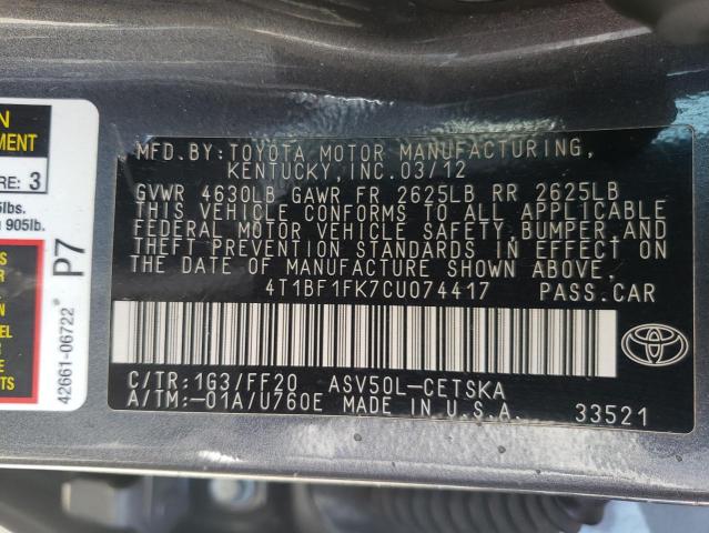 Photo 10 from auction – 2012 TOYOTA CAMRY BASE with VIN 4T1BF1FK7CU074417