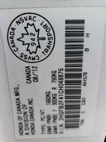 Photo 10 from auction – 2012 HONDA CIVIC LX with VIN 2HGFB2F41CH048876