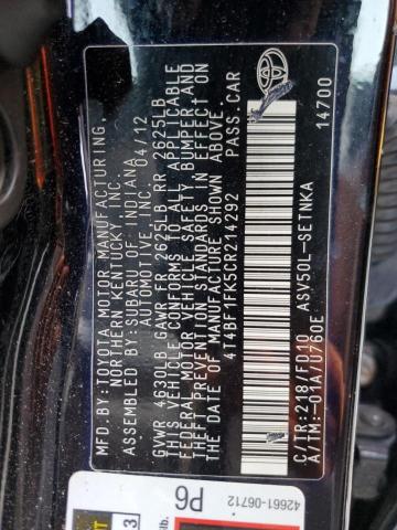 Photo 10 from auction – 2012 TOYOTA CAMRY BASE with VIN 4T4BF1FK5CR214292