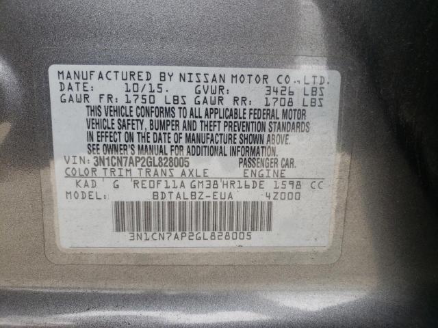 Photo 10 from auction – 2016 NISSAN VERSA S with VIN 3N1CN7AP2GL828005