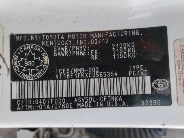 Photo 10 from auction – 2012 TOYOTA CAMRY BASE with VIN 4T1BF1FKXCU565354