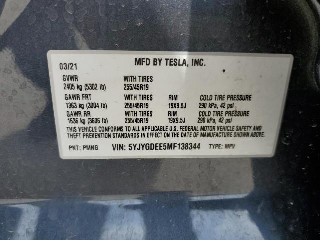Photo 10 from auction – 2021 TESLA MODEL Y with VIN 5YJYGDEE5MF138344