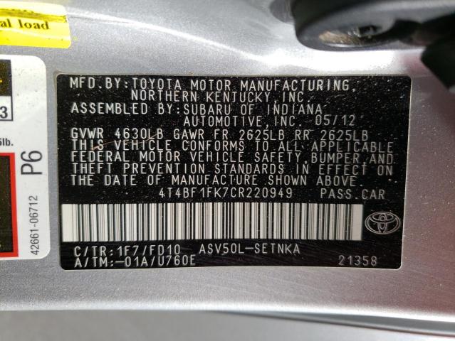 Photo 10 from auction – 2012 TOYOTA CAMRY BASE with VIN 4T4BF1FK7CR220949