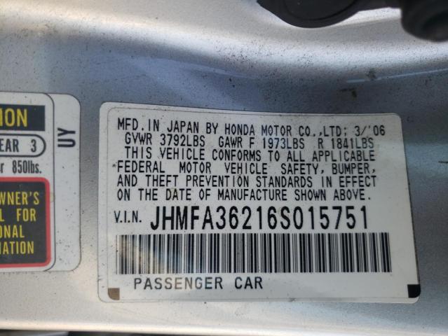 Photo 10 from auction – 2006 HONDA CIVIC HYBR with VIN JHMFA36216S015751