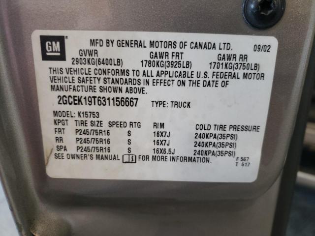 Photo 10 from auction – 2003 CHEVROLET SILVERADO with VIN 2GCEK19T631156667