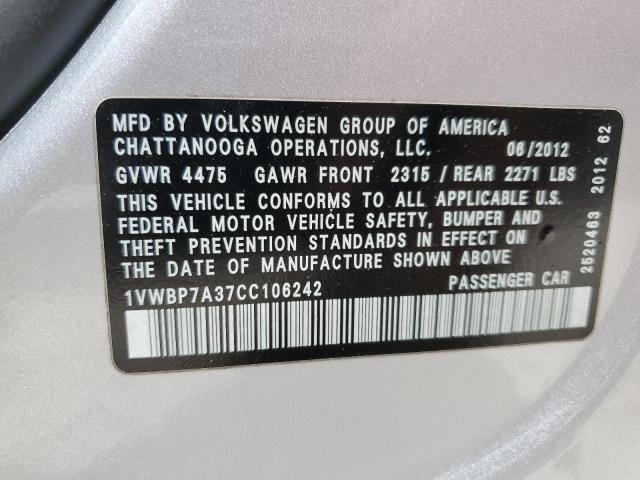 Photo 10 from auction – 2012 VOLKSWAGEN PASSAT SE with VIN 1VWBP7A37CC106242