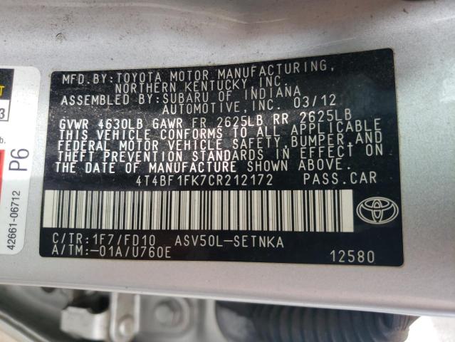 Photo 10 from auction – 2012 TOYOTA CAMRY BASE with VIN 4T4BF1FK7CR212172